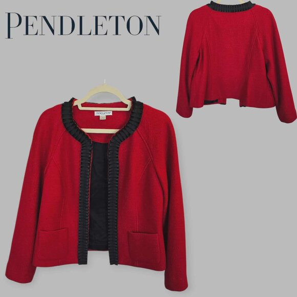 Pendleton 100% Merino Wool Red and Black Ruffle Trim Blazer Jacket Womens Large - Picture 1 of 16
